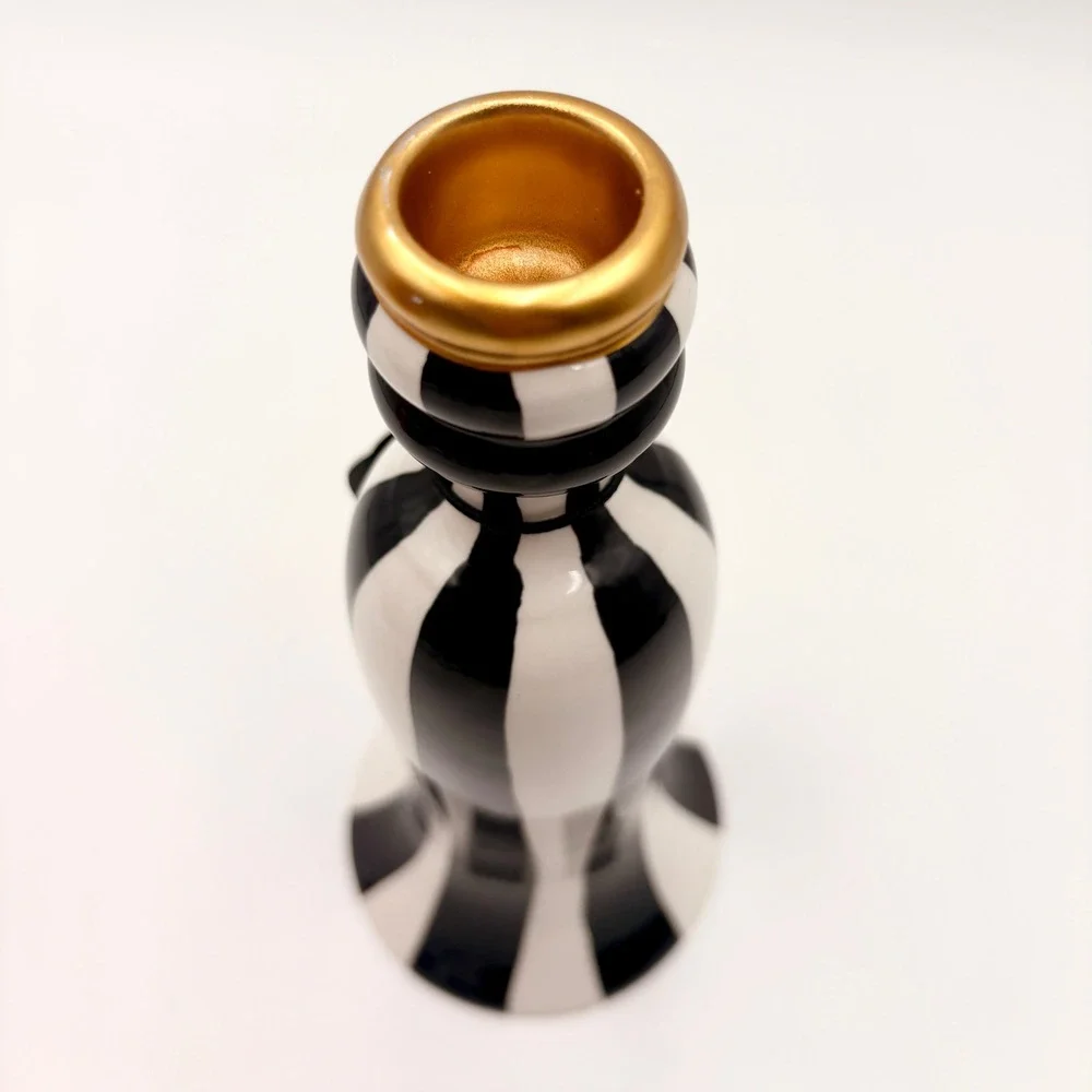 Black and White Striped Halloween Ceramic Taper Candle Holder Gold Rim